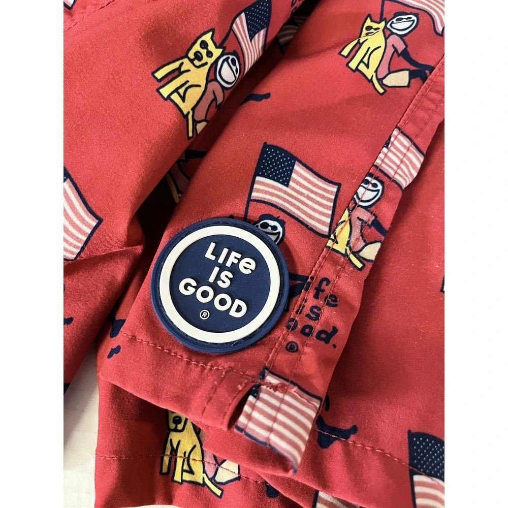 Life is Good Swim Trunks Men's Small Red American Flag Dog All Over Pockets Logo